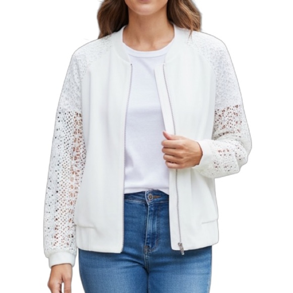 White Lace Sleeve Zip Front Jacket Lightweight Bomber shacket Women’s Size L 328